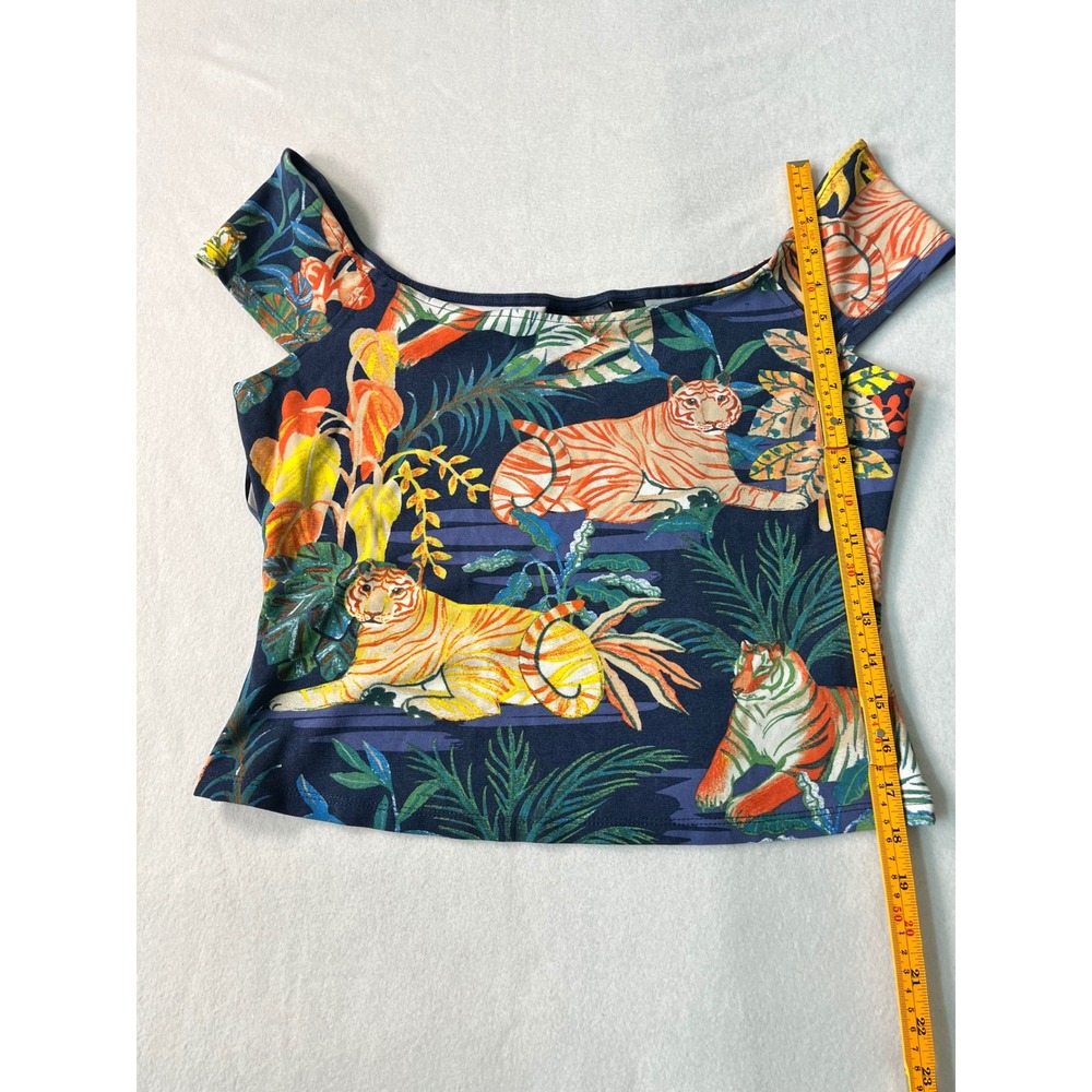 Maeve Anthropologie Tiger Print Off Shoulder Top Navy Blue Boho Y2K Large - Picture 4 of 5